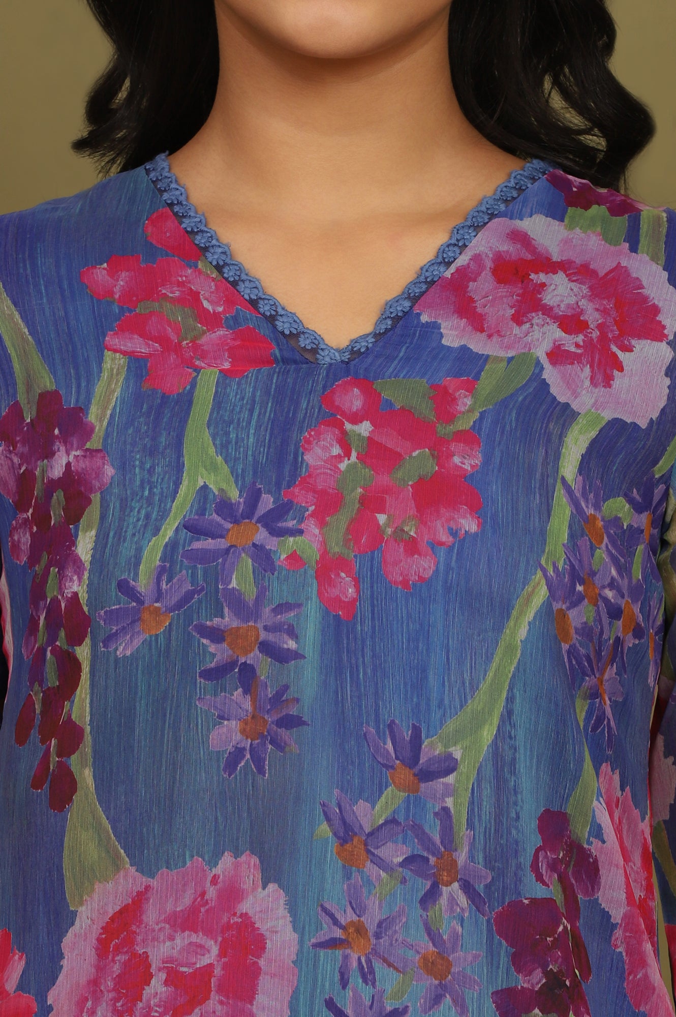Blue Floral Printed Chiffon Gathered Top