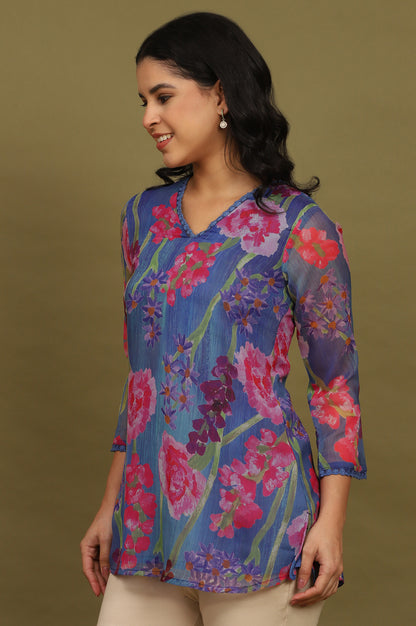 Blue Floral Printed Chiffon Gathered Top