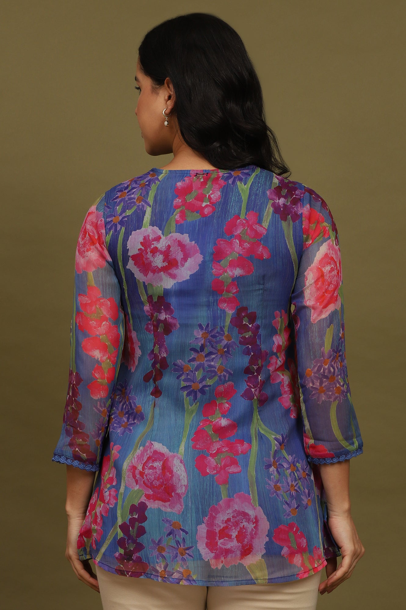 Blue Floral Printed Chiffon Gathered Top