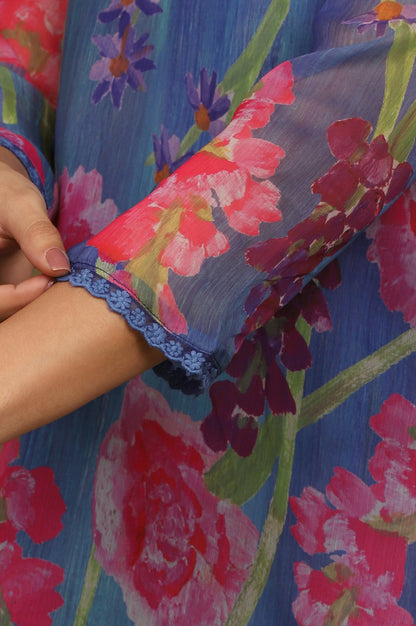 Blue Floral Printed Chiffon Gathered Top