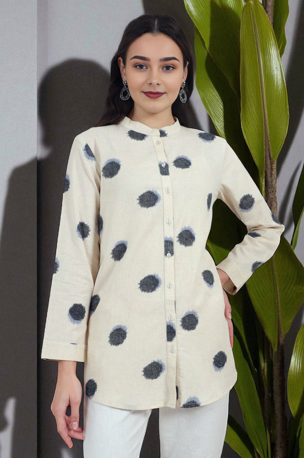 Off-White Polka Printed Cotton Flax Shirt