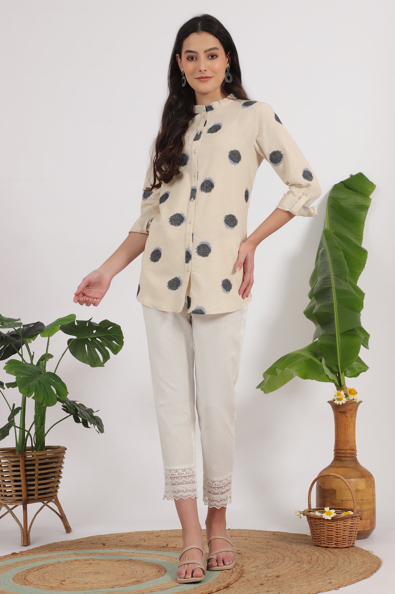 Off-White Polka Printed Cotton Flax Shirt