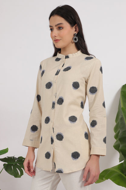 Off-White Polka Printed Cotton Flax Shirt