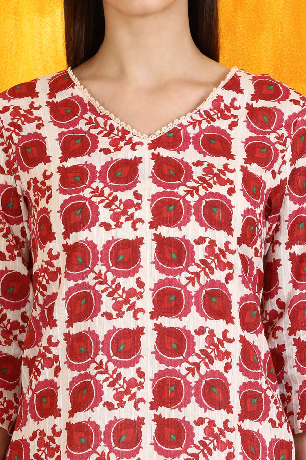 White and Red Printed Cotton Lurex Straight Tunic