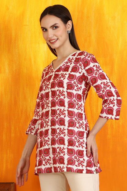 White and Red Printed Cotton Lurex Straight Tunic