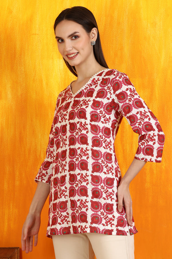 White and Red Printed Cotton Lurex Straight Tunic