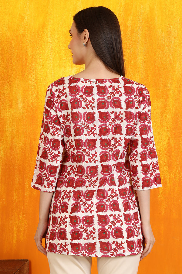 White and Red Printed Cotton Lurex Straight Tunic