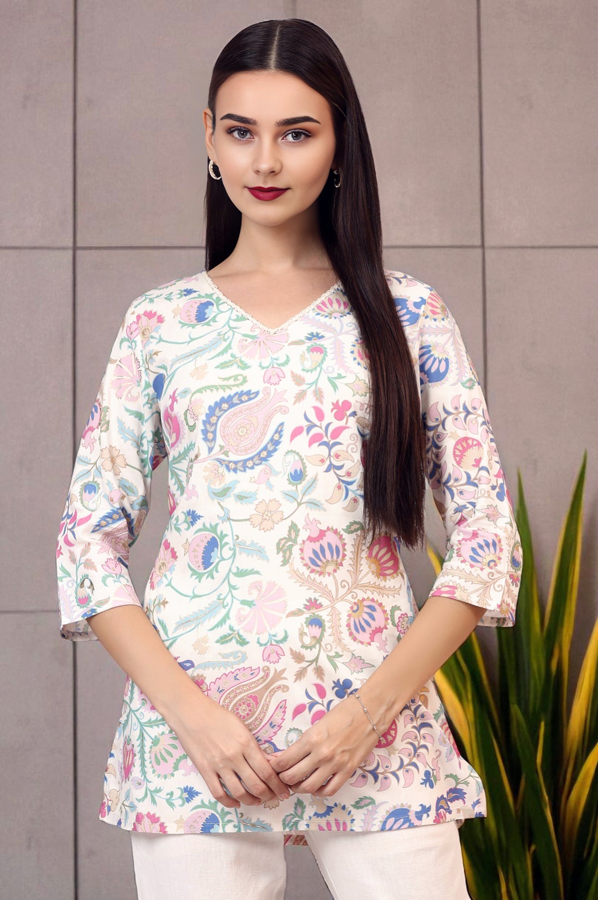 White Floral Printed Rayon Summer Tunic with Lace - XS