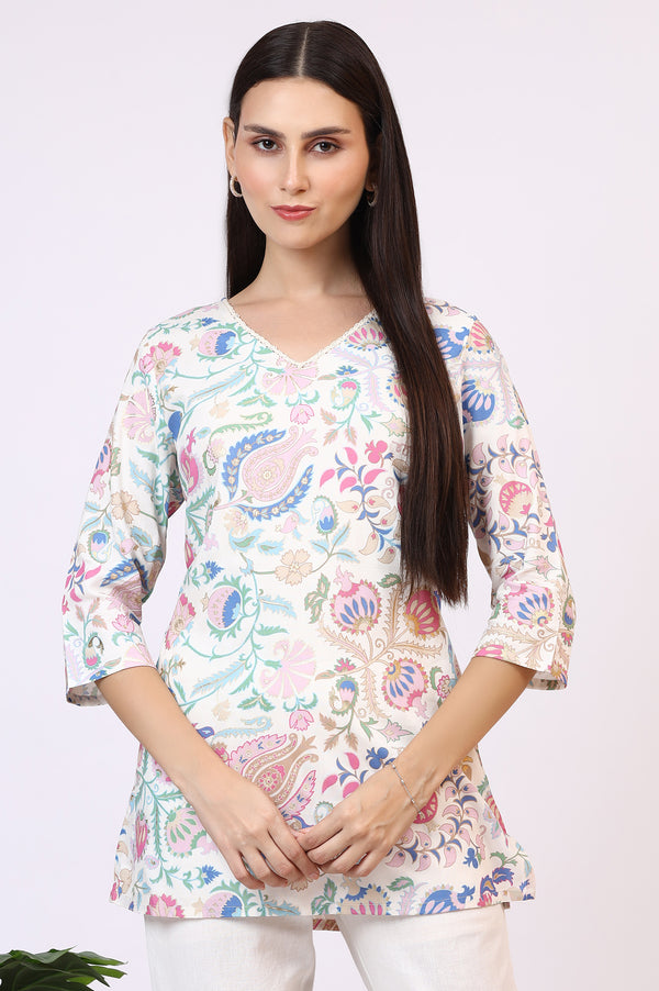 White Floral Printed Rayon Summer Tunic with Lace