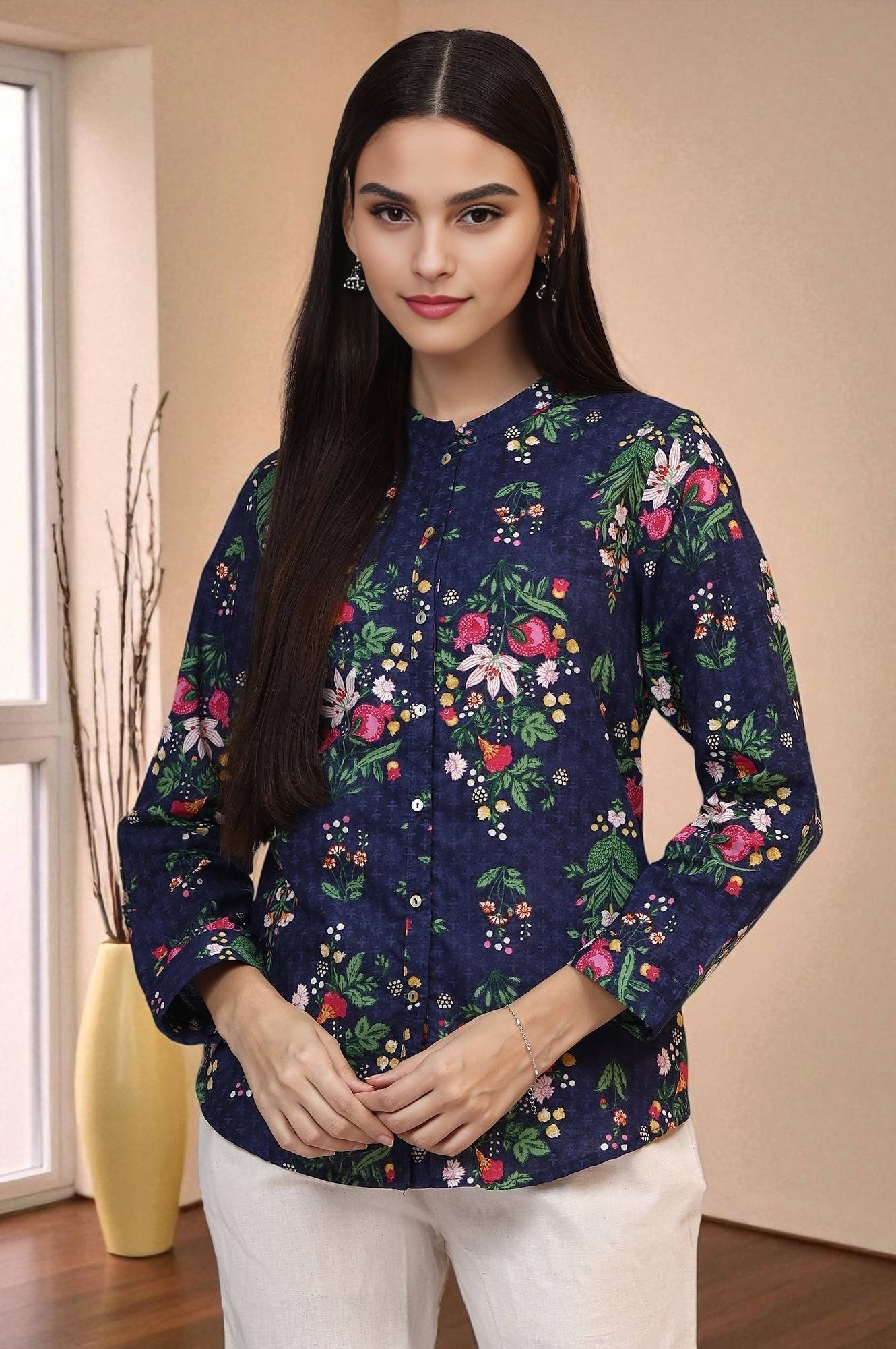 Navy Blue Floral Printed Pure Cotton Ethnic Shirt