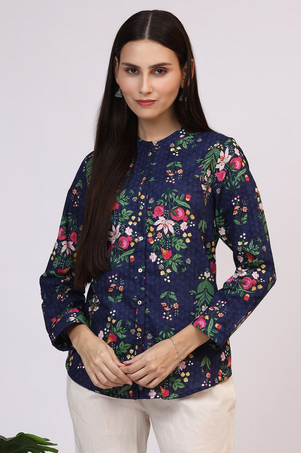 Navy Blue Floral Printed Pure Cotton Ethnic Shirt