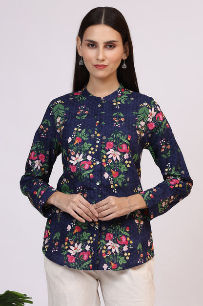 Navy Blue Floral Printed Pure Cotton Ethnic Shirt