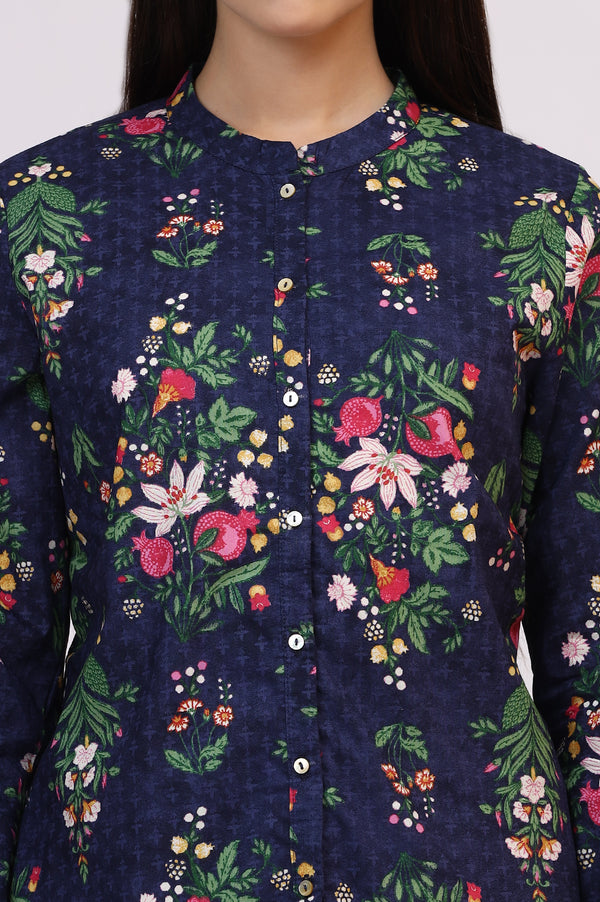 Navy Blue Floral Printed Pure Cotton Ethnic Shirt