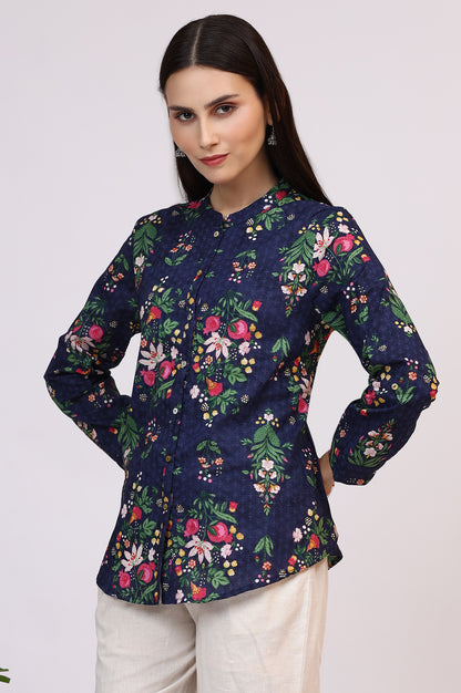 Navy Blue Floral Printed Pure Cotton Ethnic Shirt