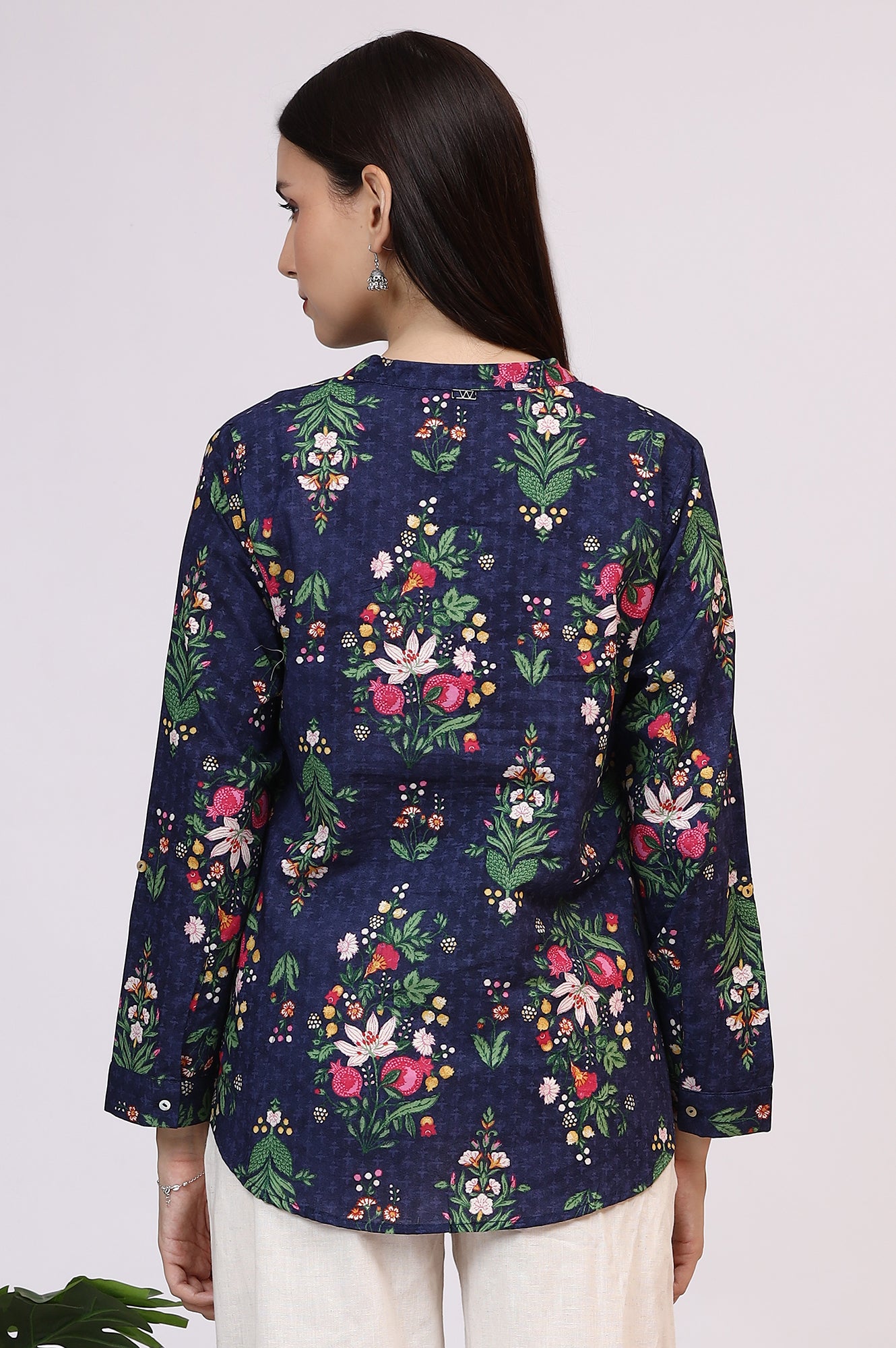 Navy Blue Floral Printed Pure Cotton Ethnic Shirt