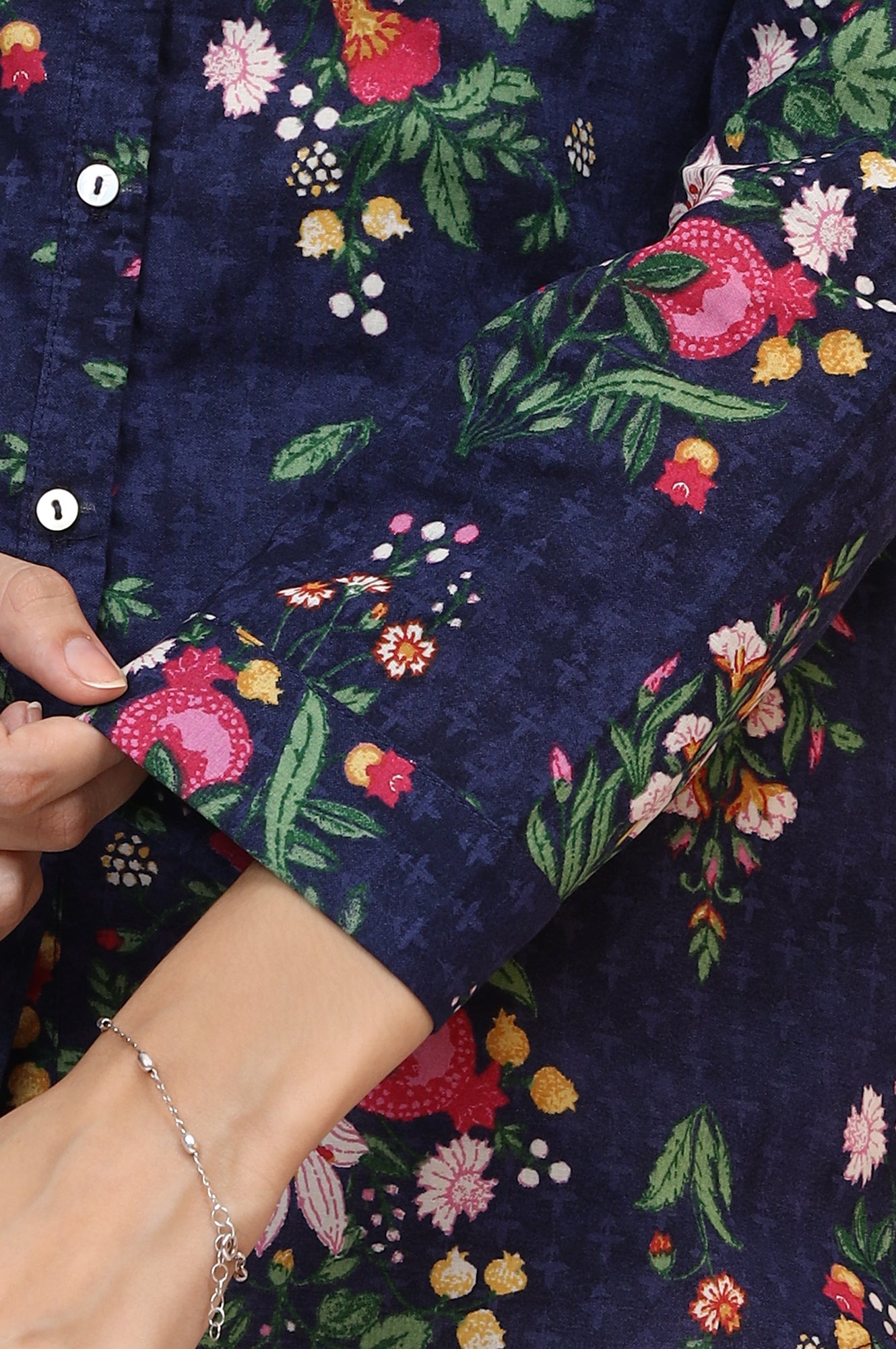 Navy Blue Floral Printed Pure Cotton Ethnic Shirt