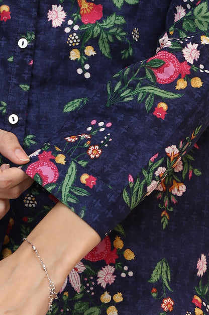 Navy Blue Floral Printed Pure Cotton Ethnic Shirt