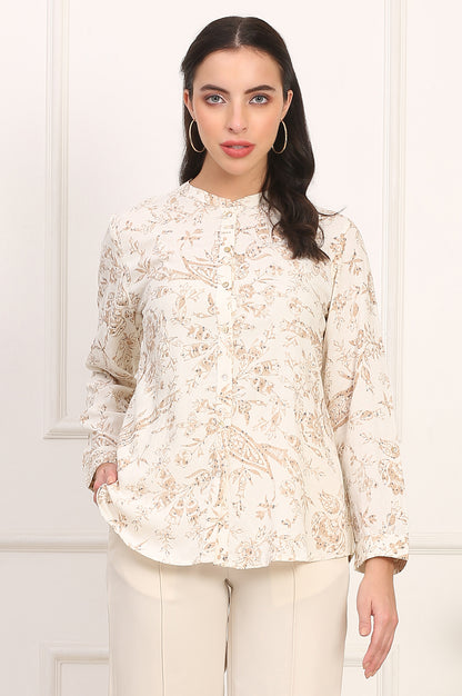 White Floral Printed Dobby Mandarin Collar Top