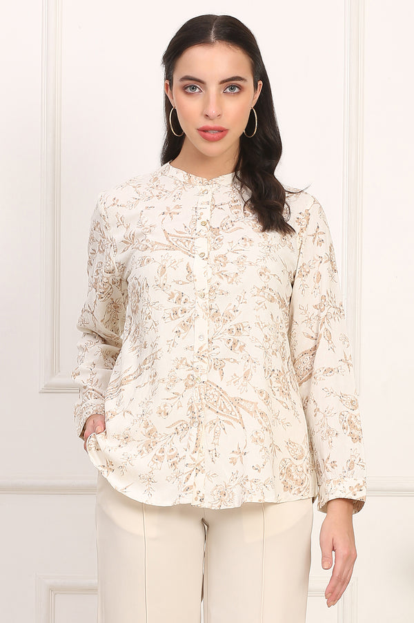 White Floral Printed Dobby Mandarin Collar Top