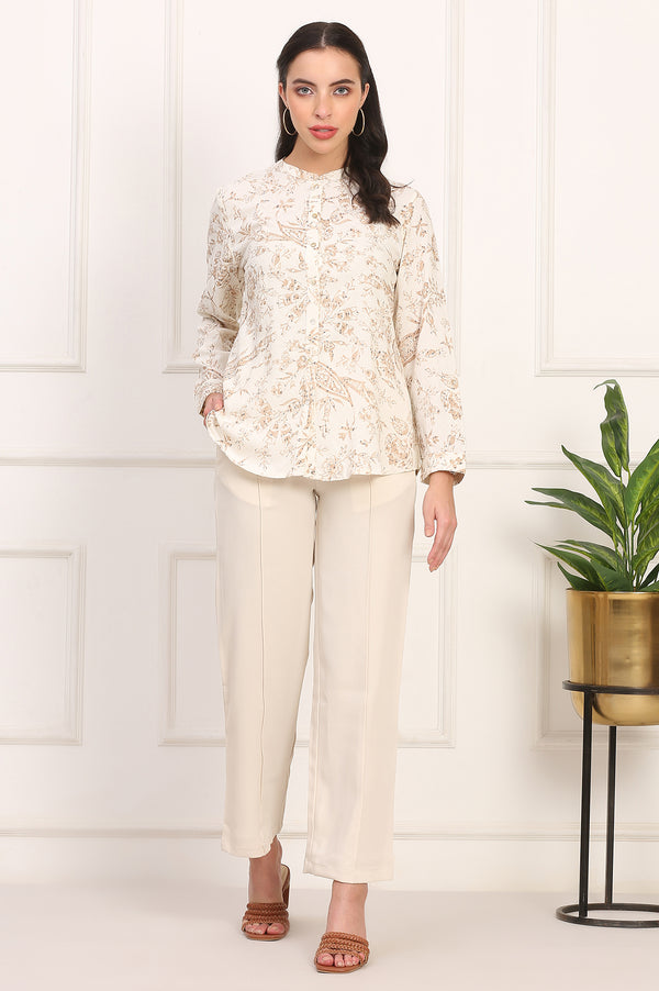White Floral Printed Dobby Mandarin Collar Top