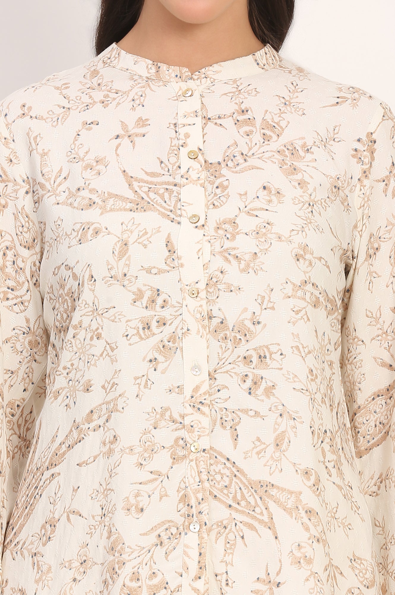 White Floral Printed Dobby Mandarin Collar Top