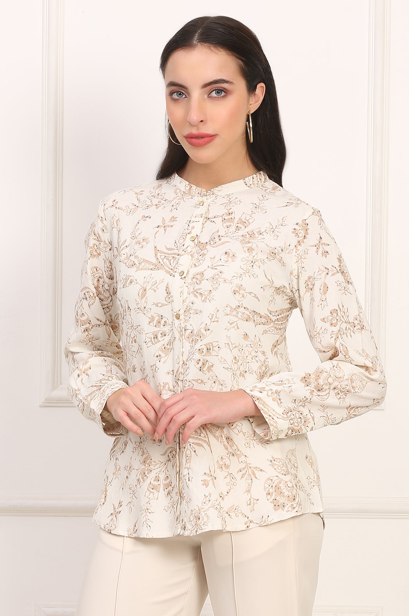 White Floral Printed Dobby Mandarin Collar Top