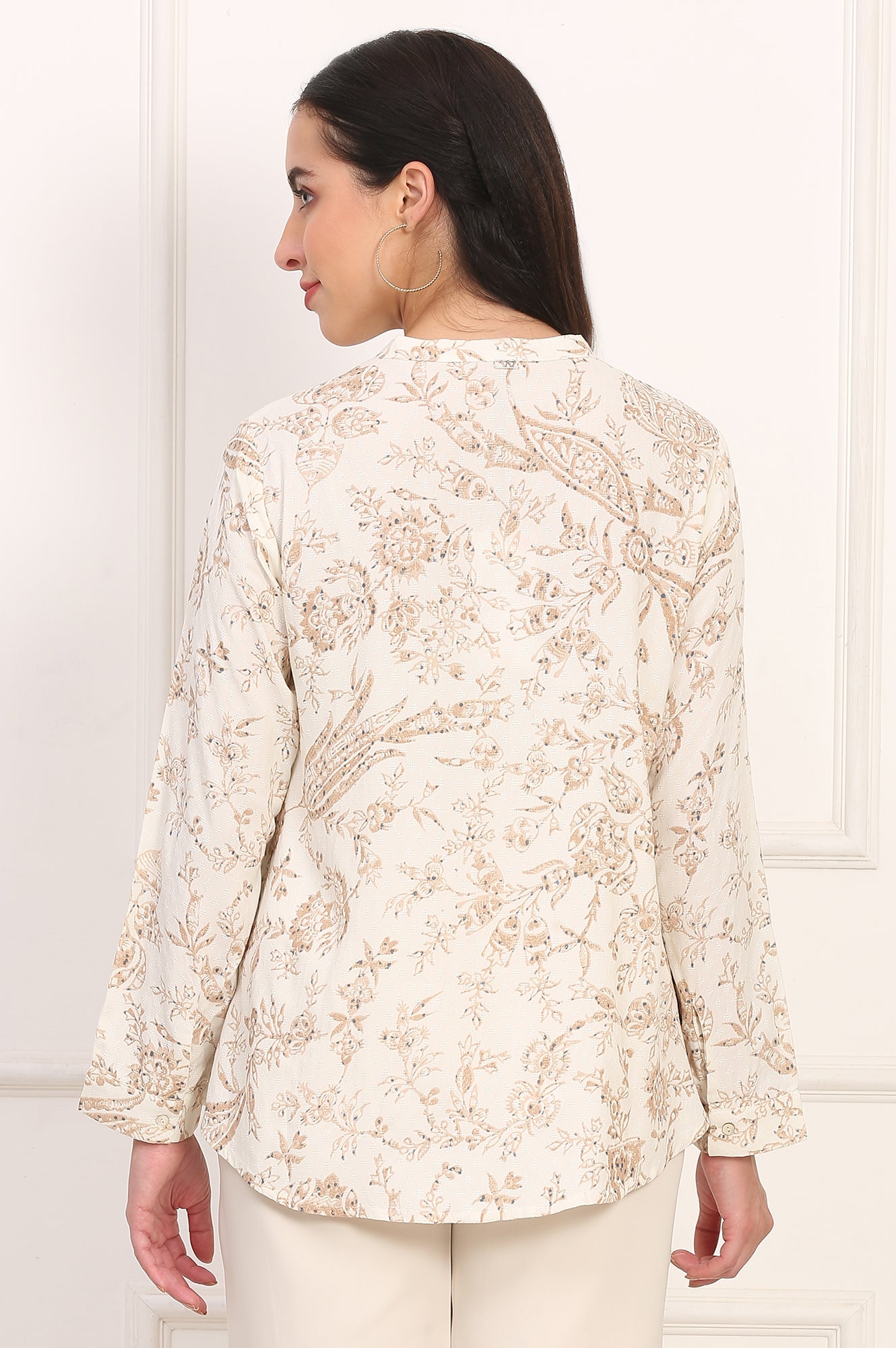 White Floral Printed Dobby Mandarin Collar Top