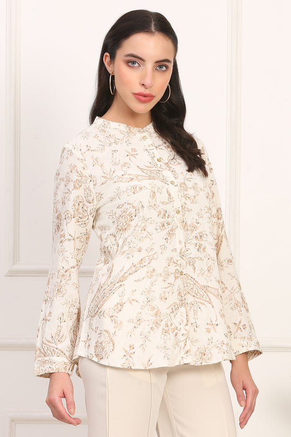 White Floral Printed Dobby Mandarin Collar Top