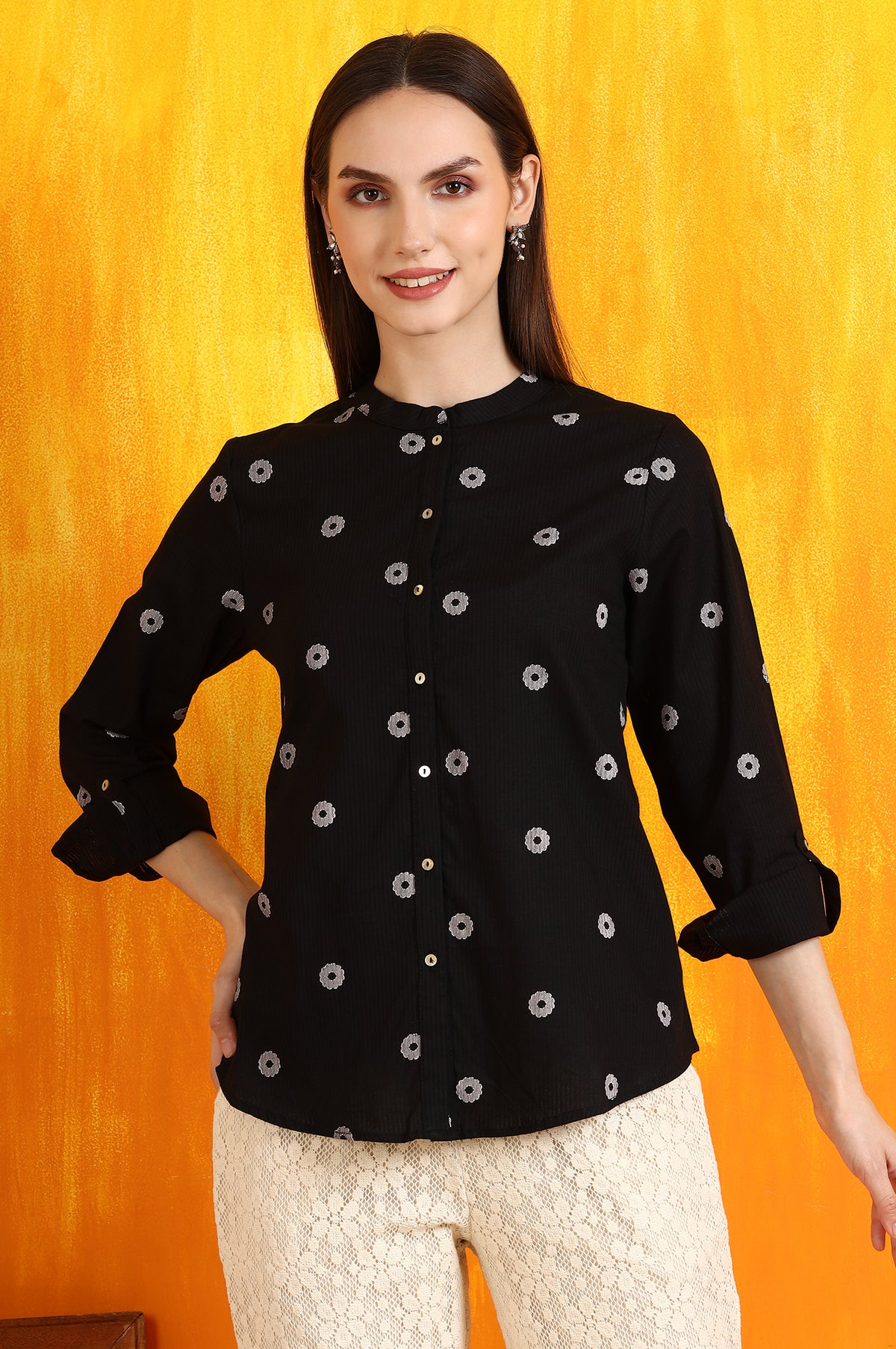 Black Printed Pure Cotton Button Down Shirt - XS