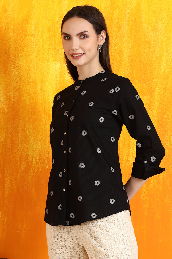 Black Printed Pure Cotton Button Down Shirt