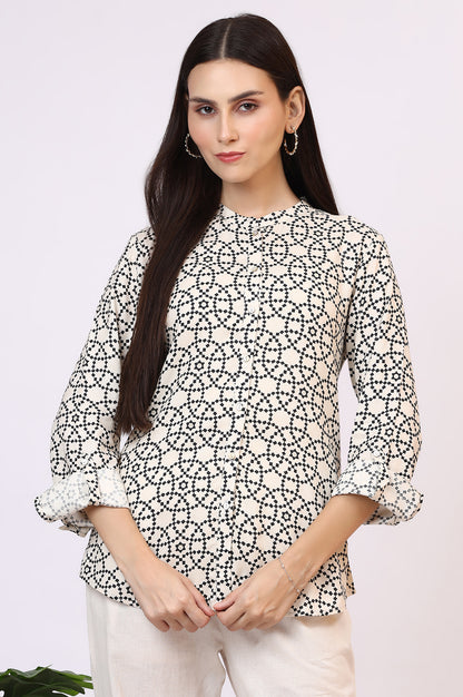 White Geometric Printed Button Down Rayon Shirt