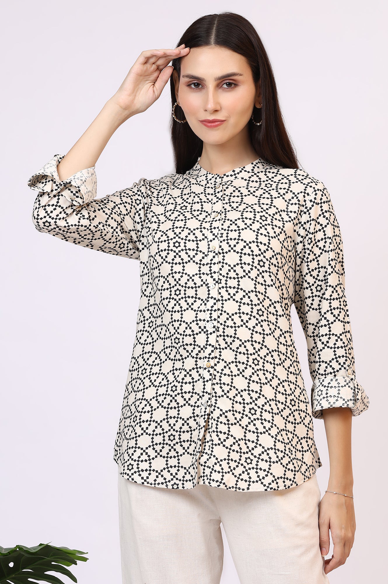 White Geometric Printed Button Down Rayon Shirt