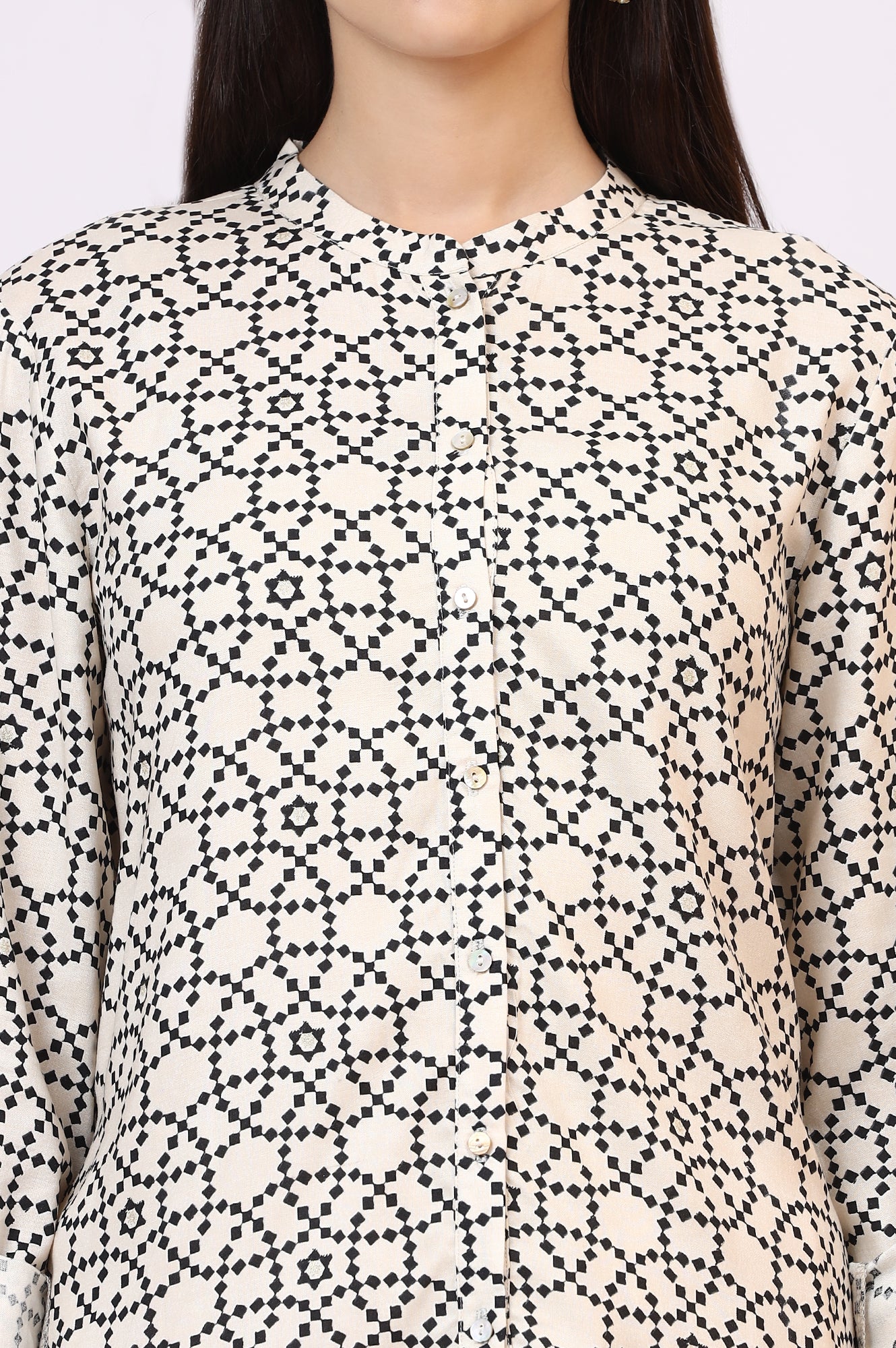 White Geometric Printed Button Down Rayon Shirt