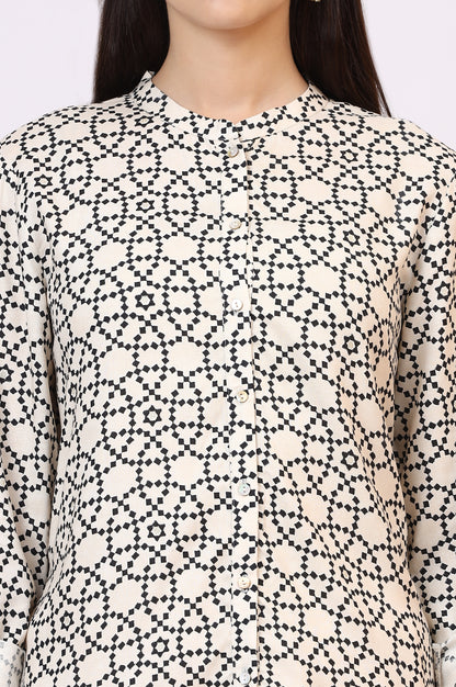 White Geometric Printed Button Down Rayon Shirt