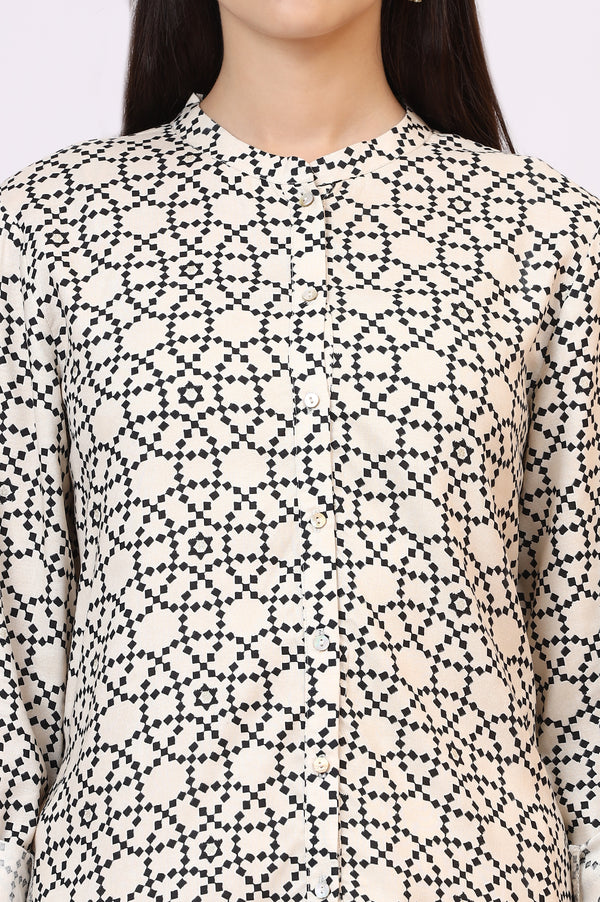 White Geometric Printed Button Down Rayon Shirt