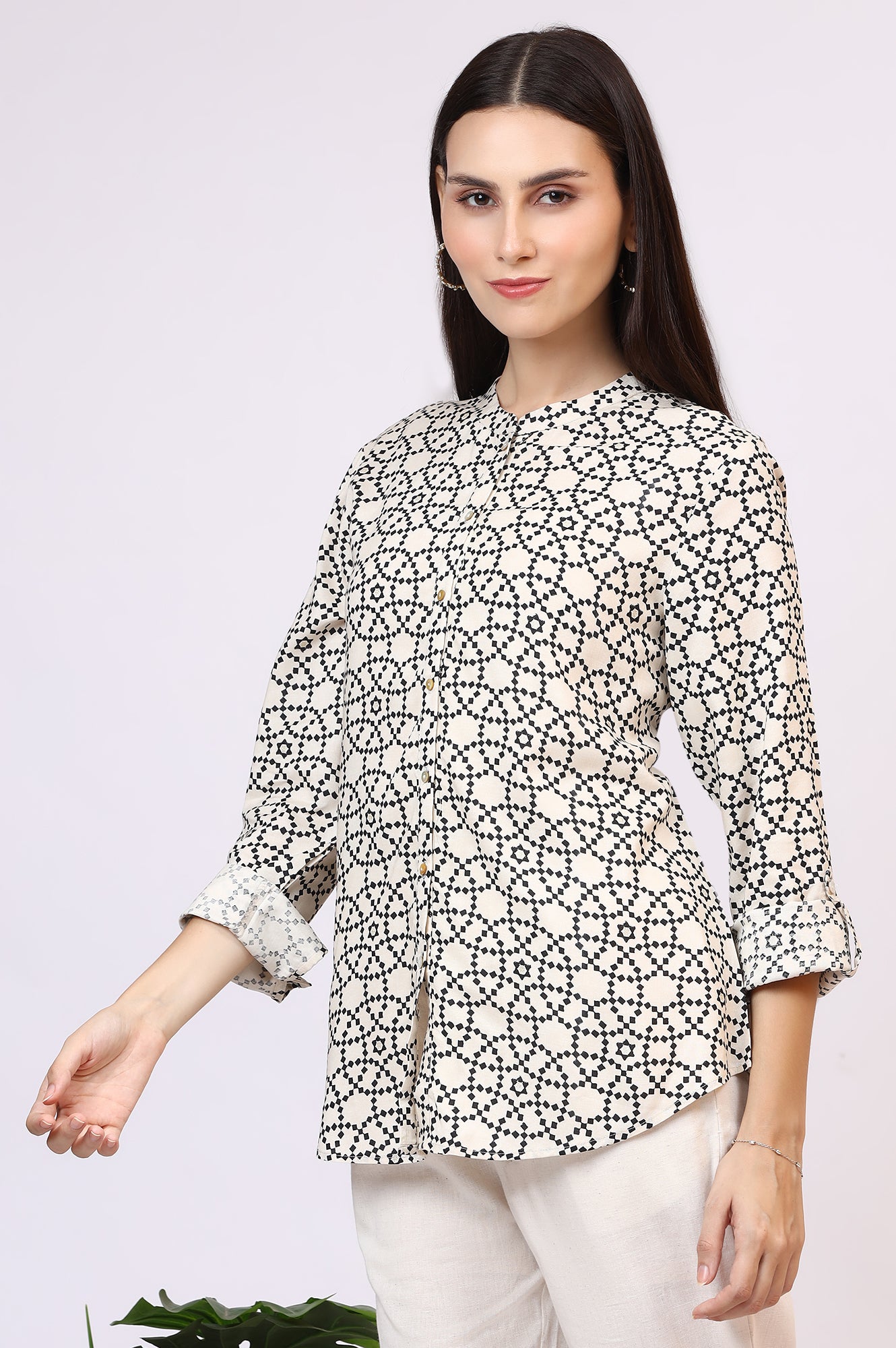 White Geometric Printed Button Down Rayon Shirt