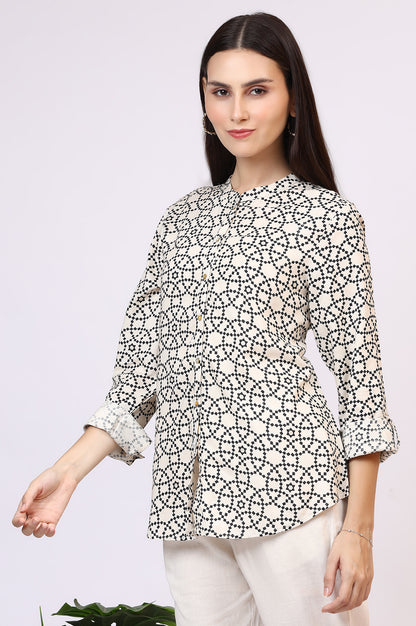 White Geometric Printed Button Down Rayon Shirt