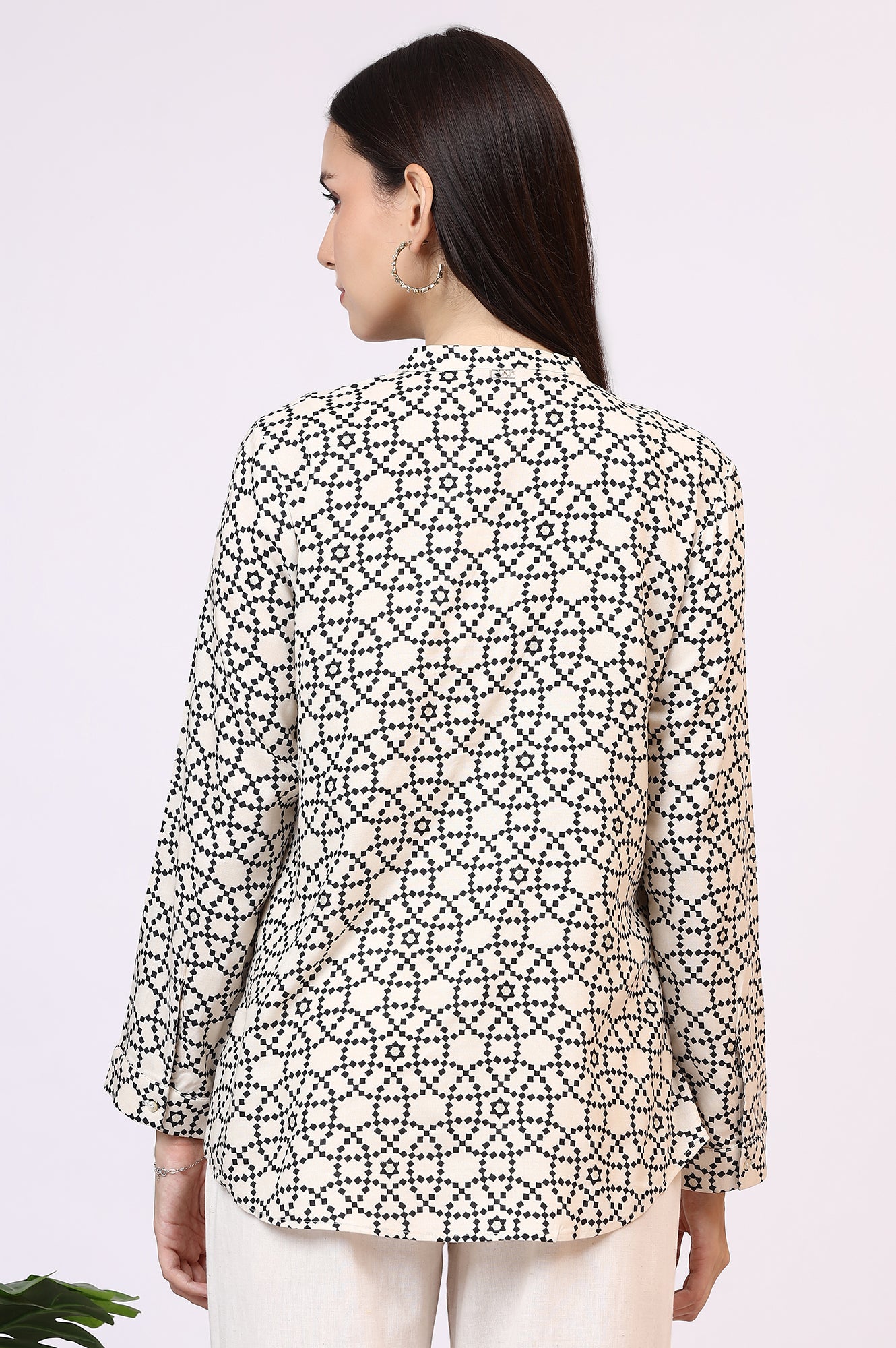 White Geometric Printed Button Down Rayon Shirt