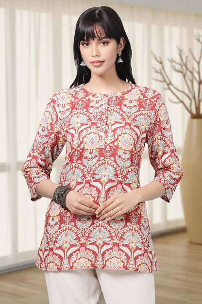 Red Floral Printed Cotton Slub Short Kurti