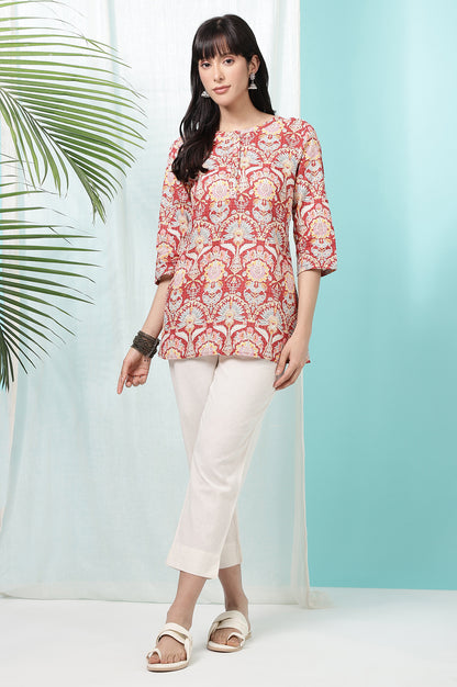 Red Floral Printed Cotton Slub Short Kurti