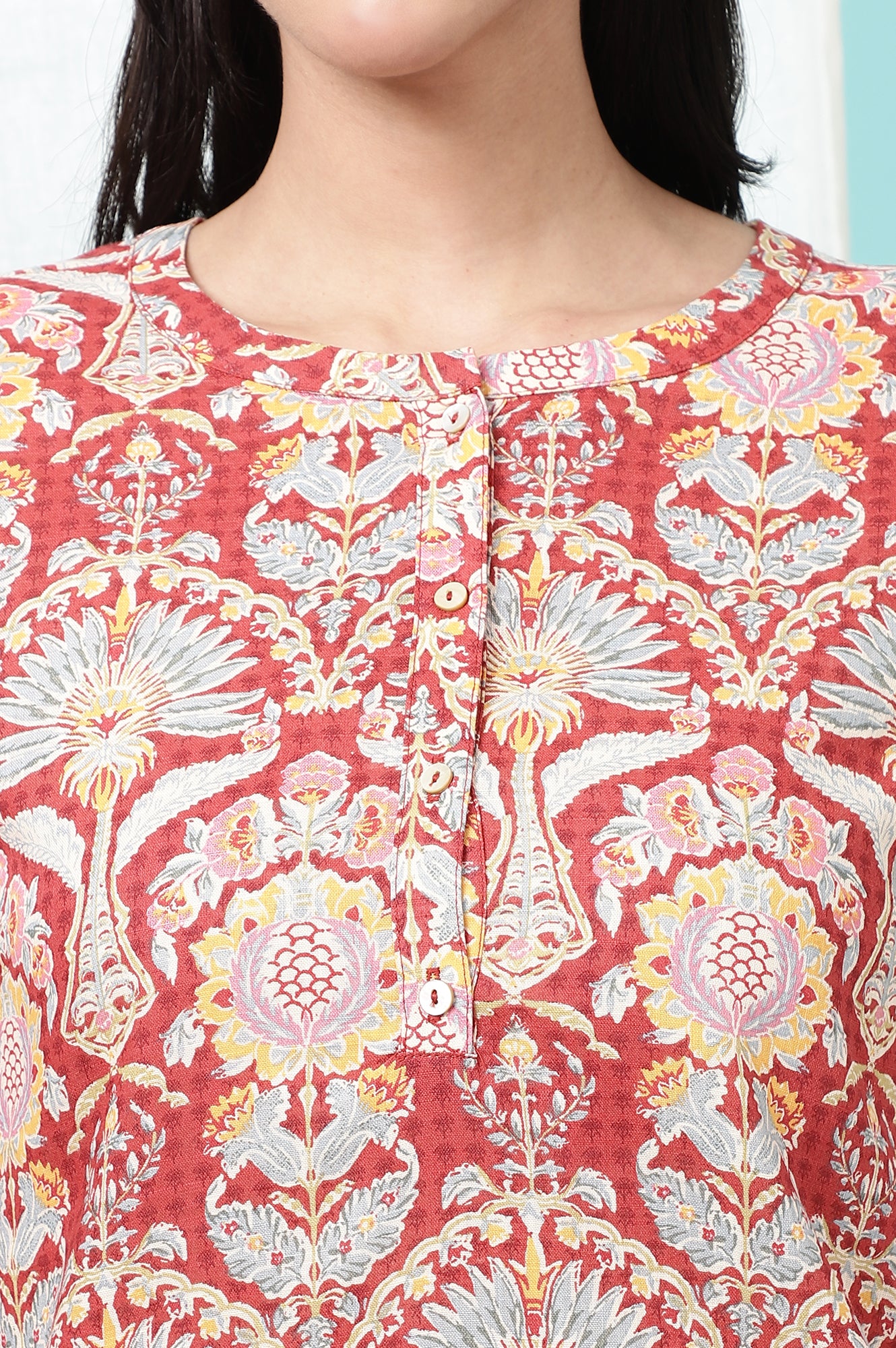 Red Floral Printed Cotton Slub Short Kurti