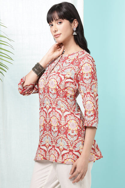 Red Floral Printed Cotton Slub Short Kurti