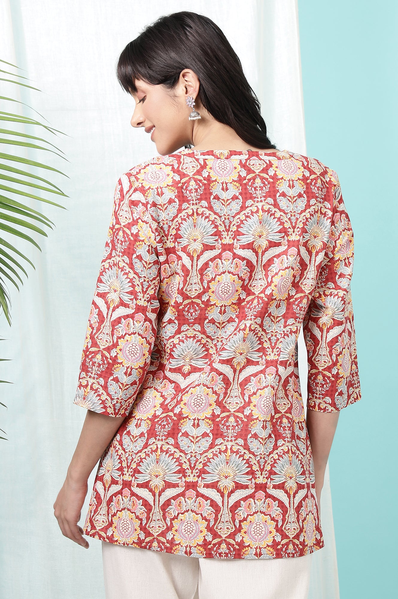 Red Floral Printed Cotton Slub Short Kurti