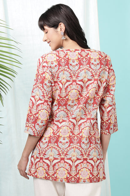 Red Floral Printed Cotton Slub Short Kurti