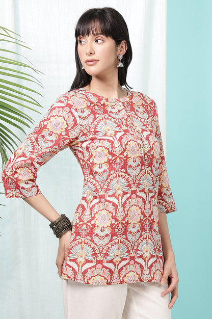 Red Floral Printed Cotton Slub Short Kurti