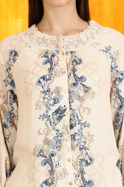Off-White Floral Printed Rayon Crepe Top with Lace