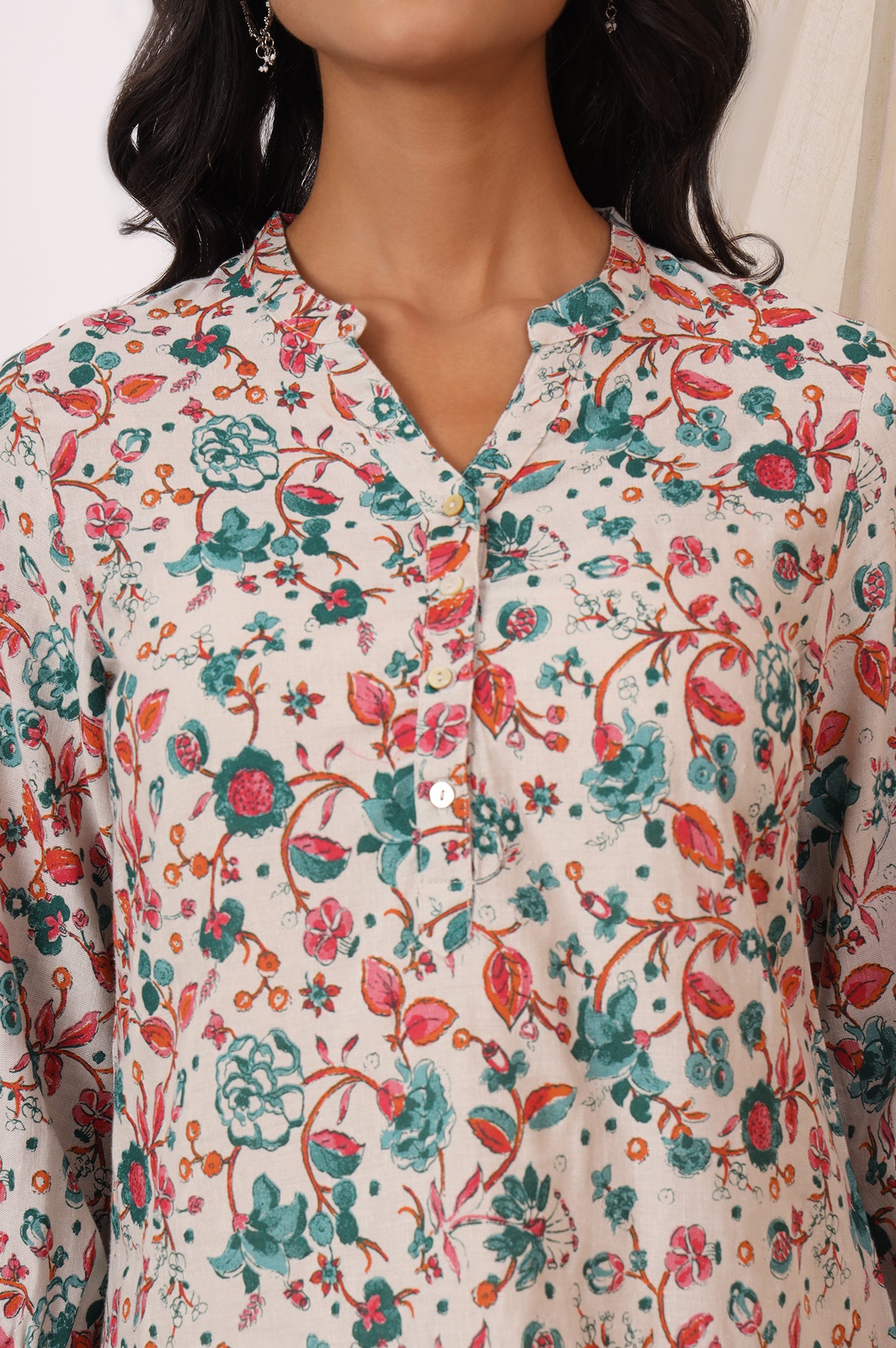 White Floral Printed Rayon Flax Straight Fusion Top