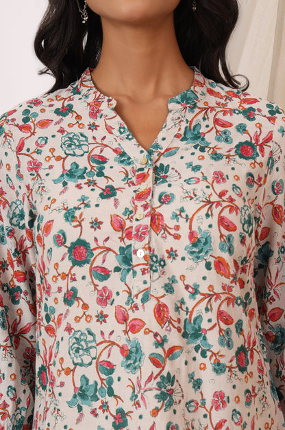 White Floral Printed Rayon Flax Straight Fusion Top