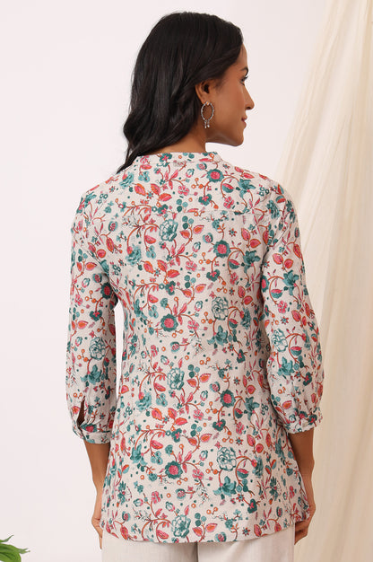 White Floral Printed Rayon Flax Straight Fusion Top