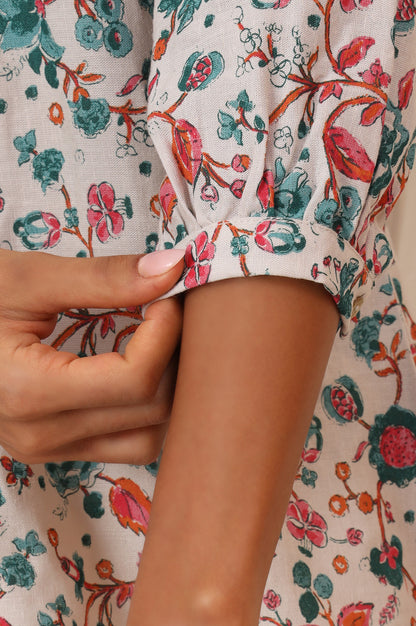 White Floral Printed Rayon Flax Straight Fusion Top